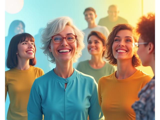 Diverse group of adults smiling and interacting in a vibrant online community, symbolizing connection and support.