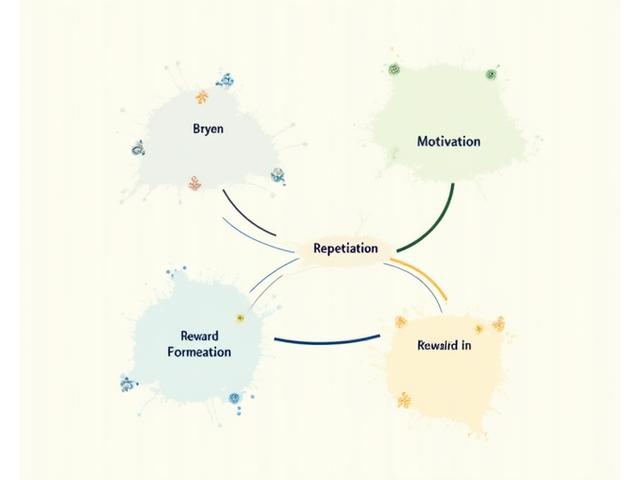 Colorful infographic illustrating the stages of habit formation with interconnected nodes representing motivation, repetition, and reward, with research citations visible.